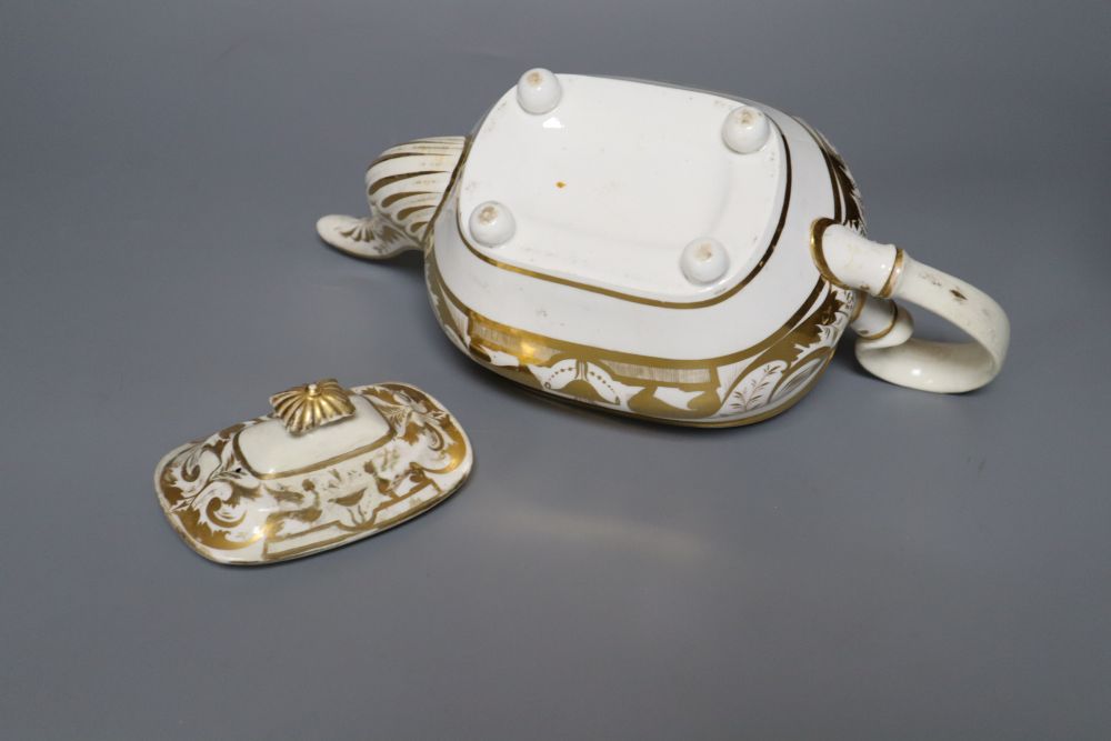 A Derby gilded part tea set, two Derby sucrier and covers and a similar dish, c.1790-1810, blue, puce, gilt and iron red marks